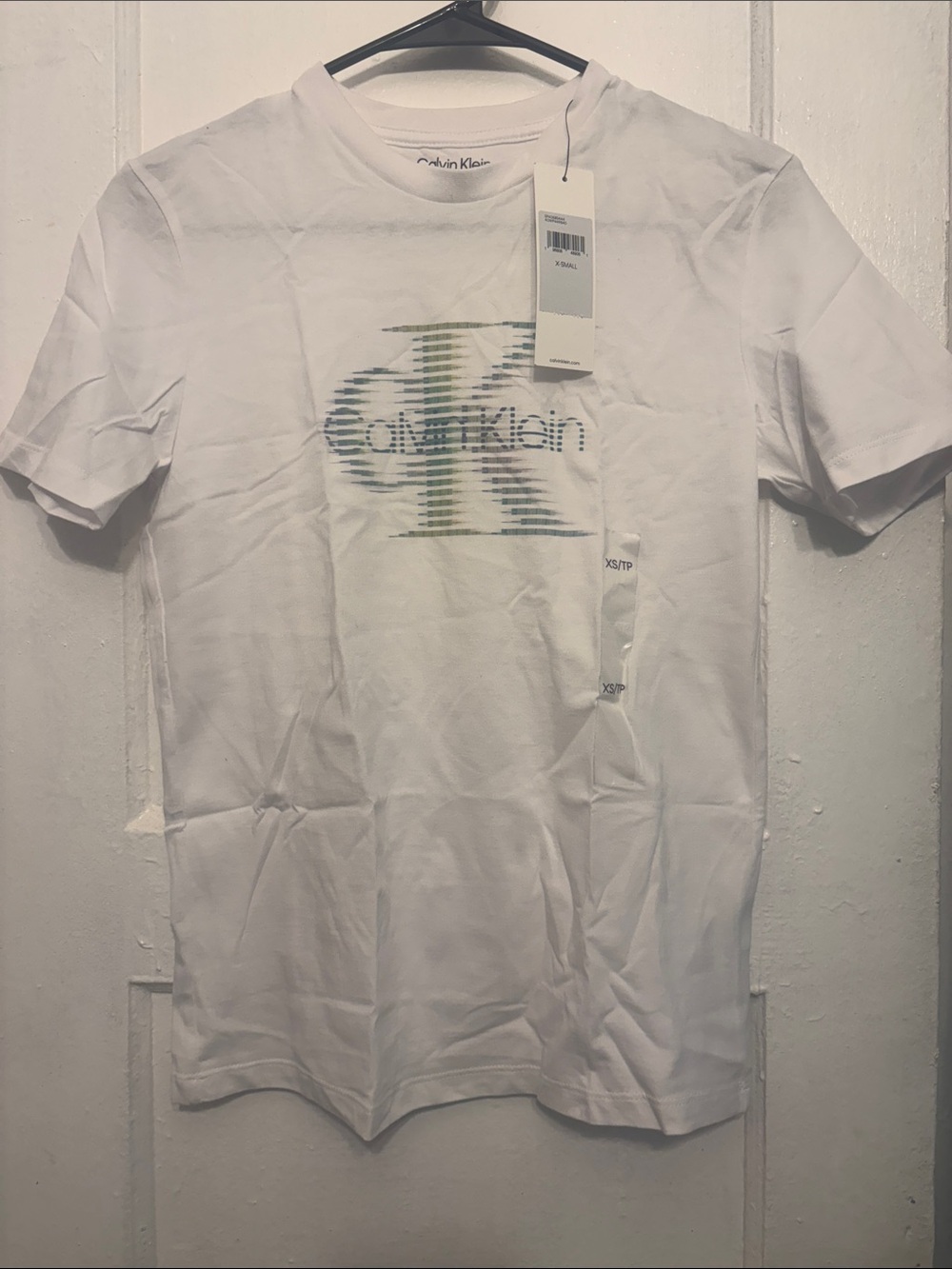Calvin Klein White Tee with Faded Green-Blue Logo